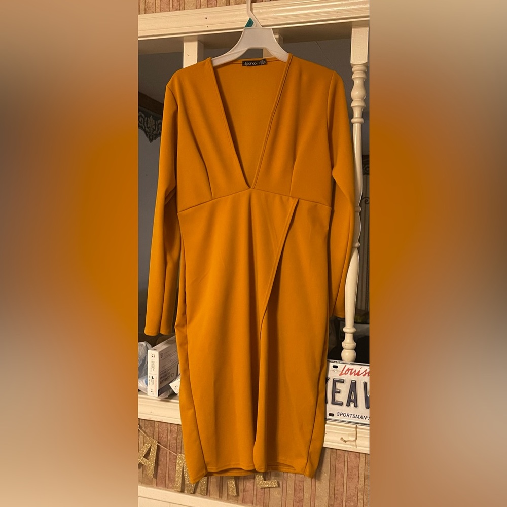 Mustard yellow plus plunge wrap midi dress